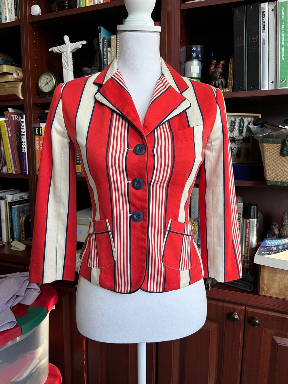 Red & Cream Striped Women's Blazer Jacket
